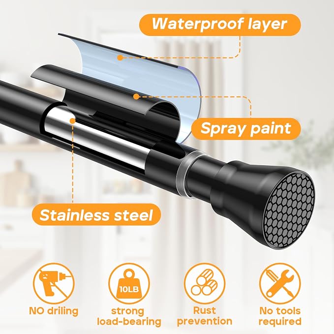 2 Pack Adjustable Tension Rods 45-77 Inch - Black | No-Drill Curtain Rods for Windows & Closets | Spring-Loaded with Non-Slip Rubber Ends | 7/8 Inch Diameter