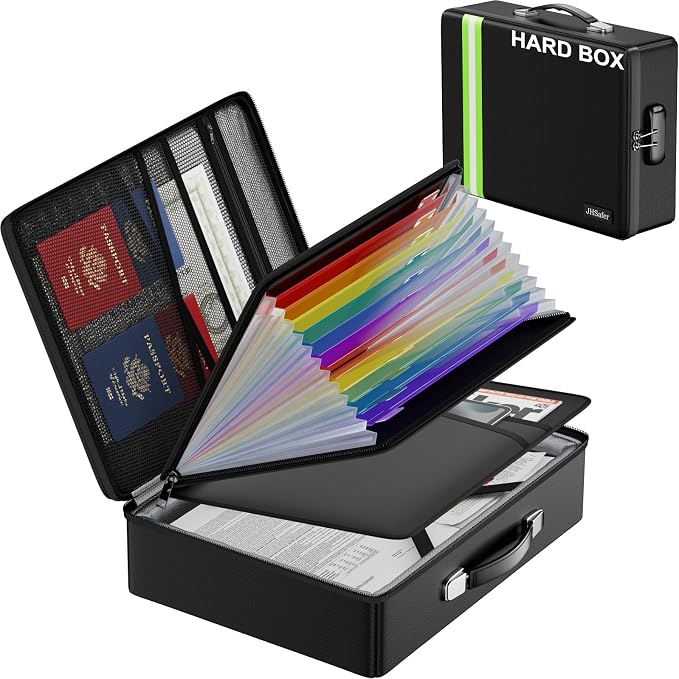 JHSafer Fireproof Document Box with Lock, Hard Shell, Black | File Box with Waterproof Zipper, Important Document Organizer with Handle, Portable Safe for Home, Office, Travel,Laptop