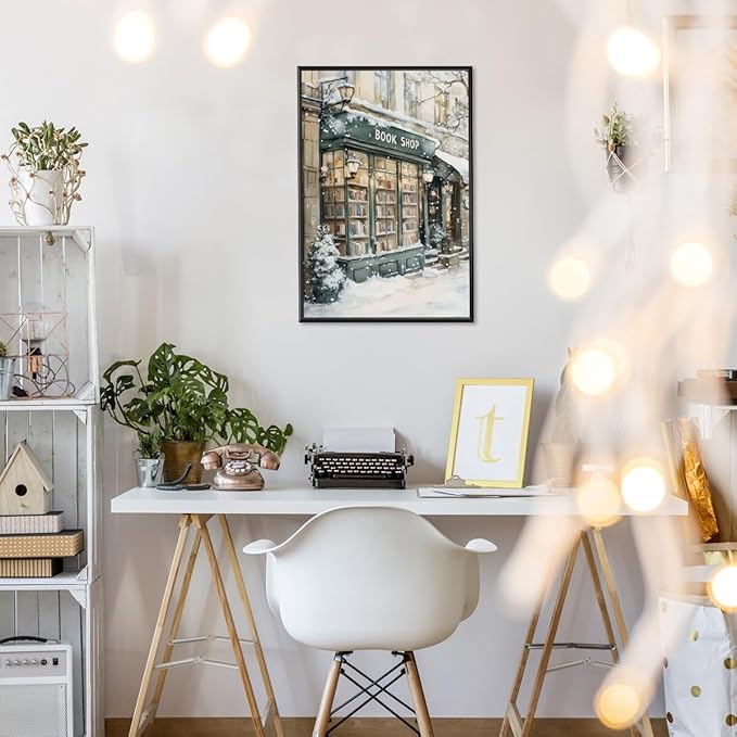Winter Book Shop New York Book Lover Art Aesthetic Poster Canvas Wall Art Decoration Living Room Home Decor Bedroom Decoration Poster black framed24x36inch