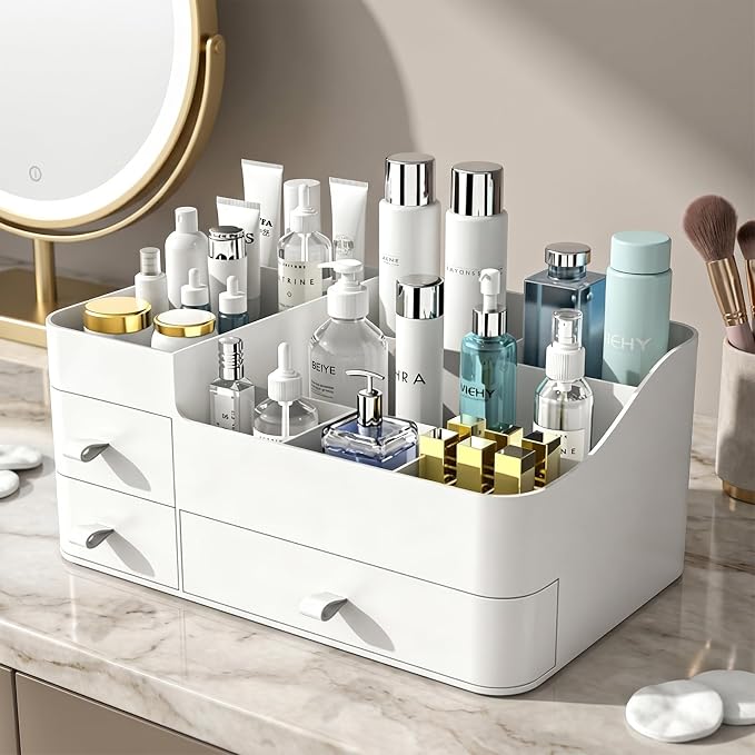 Makeup Organizer with 3 Drawers, Bathroom Counter Organizer. | Plastic Cosmetic Display Case, Ideal for Make Up, Skincare, Perfume; Suitable for Dresser Top, Vanity and Desk