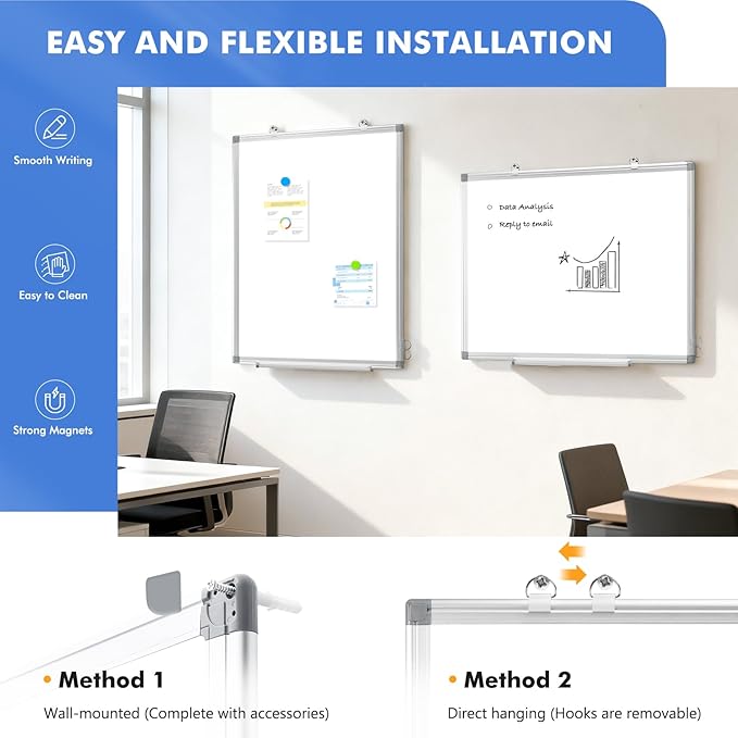 WALGLASS Double-Sided White Board 20" x 30", Dry Erase Board, Magnetic Whiteboard Silver Aluminium Frame, Wall-Mounted or Hanging Board for Home, School, Office, Kitchen