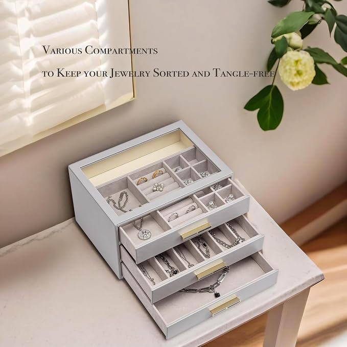 VLANDO 3-Drawer Jewelry Box with Glass Lid, Faux Leather Organizer for Rings Earrings Necklaces and More, Gift-Ready Jewelry Case for Women Girls or Moms, Grey