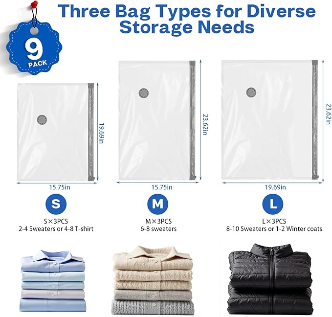 Vacuum Seal Bags For Clothing Travel With Wireless Electric Pump，9 Combo Space Saver Vacuum Storage Bags In 3 Sizes，Compression Travel Packing For Luggage,Ideal For Air Planes, Apartments