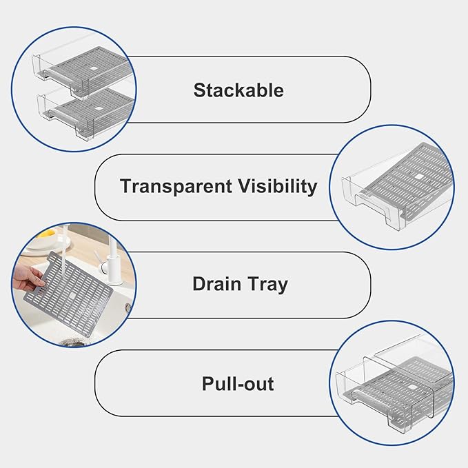 Pull Out Clear Fridge Organizer Drawers with Drainer, Refrigerator Stackable Storage Bins for Kitchen Fruit & Veggie Organization (Complete Set)
