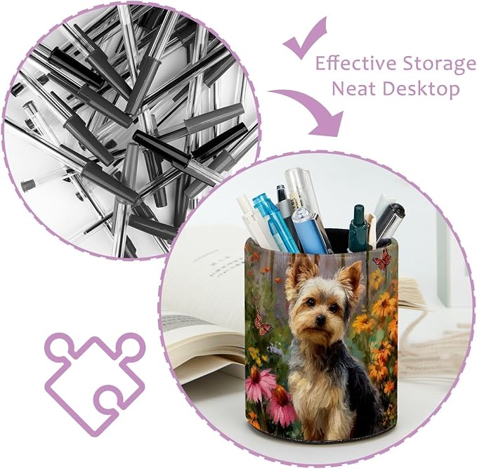 Watercolor Dog Pen Holder Pencil Organizer for Desk, 3.1” x 3.1” x 3.9” Pencil Cup Office Supplies, Large Capacity Cute Pen and Makeup Brush Holder for Desktop, Home, School