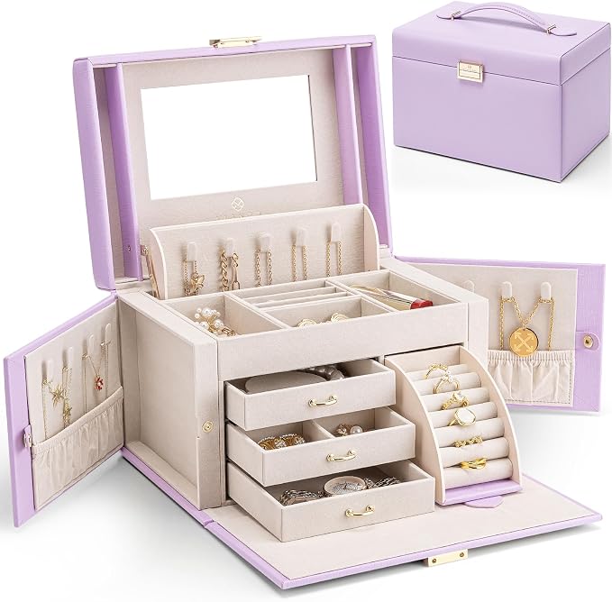 VLANDO Jewelry Box Organizer for Girls Women, Large Baroque Jewelry Holder Organizer with Mirror, 3 Drawers for Bracelets, Earrings, Rings, Necklaces, Mothers Day Gifts for Loved One, Purple