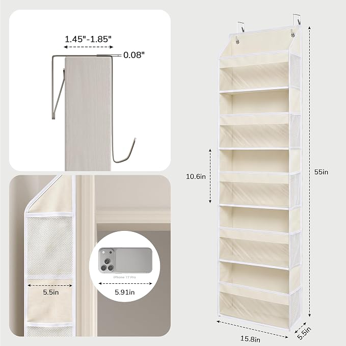 5 Tiers Ultra-Thin Over Door Organizer with 10 Mesh Side Pockets, 44 lbs Weight Capacity Hanging Storage Organizer with Clear Window Kids Toys, Shoes, Diapers, Beige
