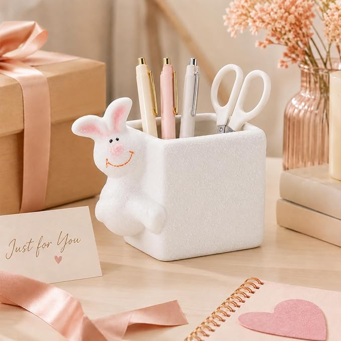 Ceramic Rabbit Shaped Pen Pencil Holder for Desk Decoration Accessories Rabbit Decor Makeup Brush Pen Cups Office School Ideal Gifts for Women, Mom or Birthdays