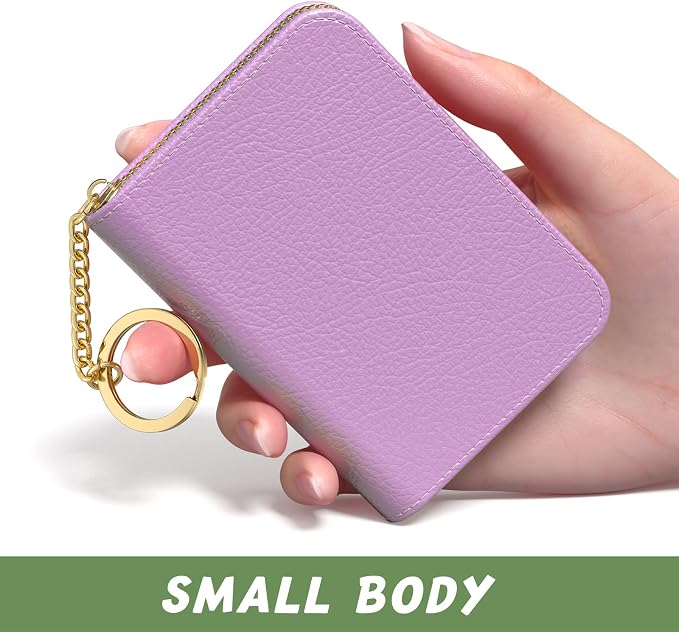 Aiawoxc Credit Card Holder for Women, Small RFID Wallet Slim Leather Business Card Organizer Case with Zipper and Keychain, Purple