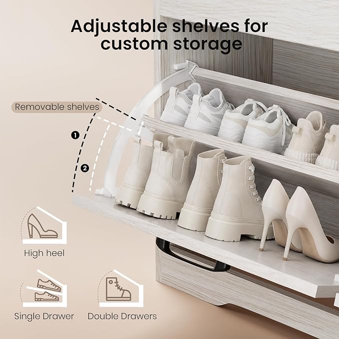39" Shoe Storage Bench with Seat Cushion, Wood, Ash White | 8-Pair Shoe Capacity, 2 Doors, Comfortable Seating, Space-saving, Narrow Entryway Bench Ideal for Foyer, 330 lb Capacity