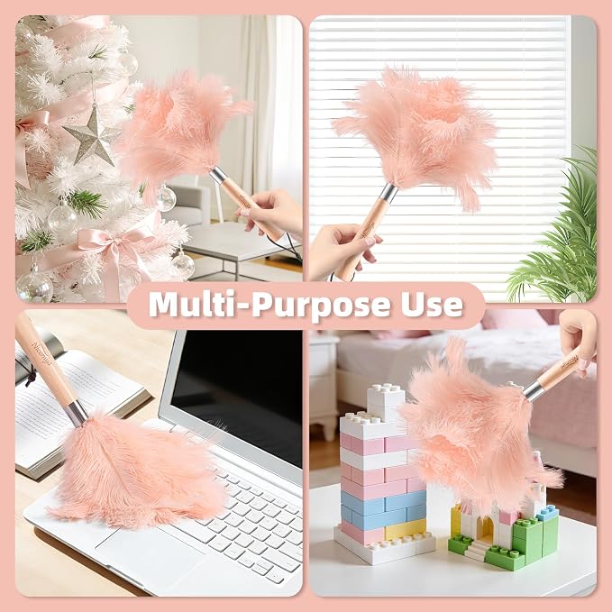 Pink Ostrich Feather Duster with Wooden Handle, 13.5 inch Natural Fluffy Cleaning Tool for Dusting Home, Car, Delicate Surfaces, Reusable Decorative Duster for Ledges, Blinds & Delicate Home Decor