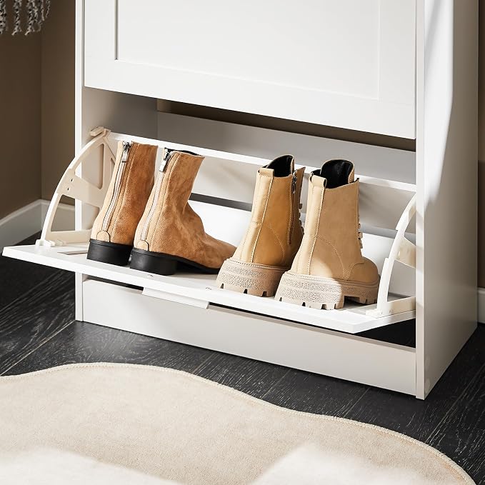 Hestiamo Entryway Flip Drawer Shoe Storage Cabinet, Narrow Size, White | 2-Tier Flip Drawer Shoe Cabinet With Dividers, Slim Freestanding Shoe Rack For Small Entryways, HUS-FSR137
