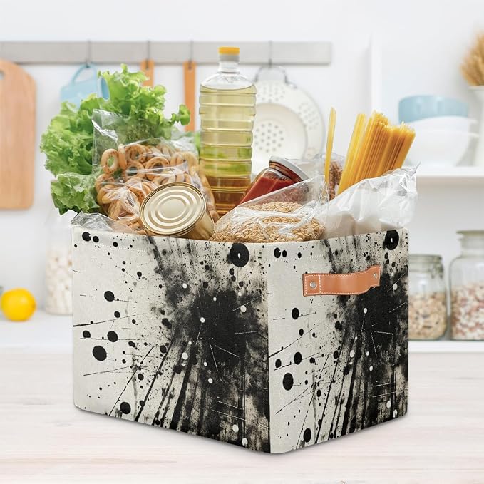 Rectangular Storage Baskets Abstract Black And White Ink Splatter Fabric Storage Bin Toy Organizer Box with PU Leather Handles for Room Decor
