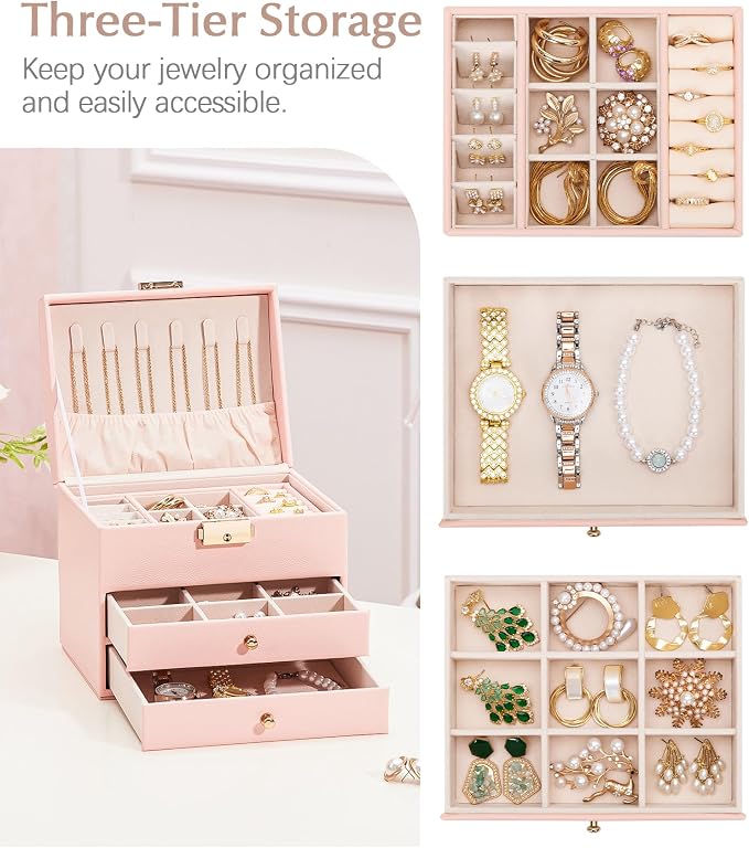 Homde Small Jewelry Box for Girls: 3-Layer Lockable Organizer (Blush Pink) | Removable Tray&Dividers for Flexible Storage - Sort Earrings&Rings&Necklaces for Beginners - Birthday Gift for Teens