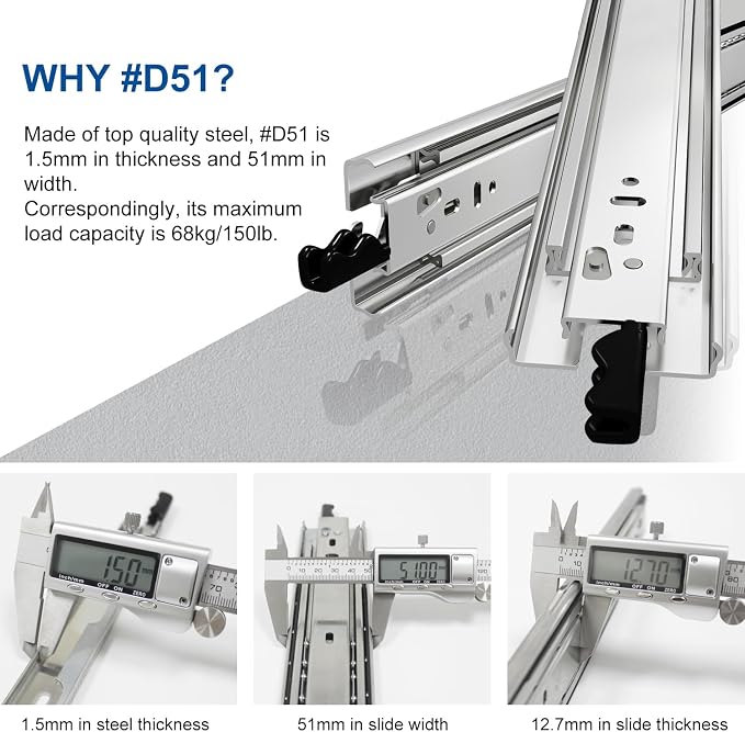 VADANIA #D51 16" Heavy Duty Locking Drawer Slide with Lock, 1-Pair | 150lb Load Capacity, 3-Fold Full Extension, Detachable, Ball Bearing Lock-in & Lock-Out, Side Mount