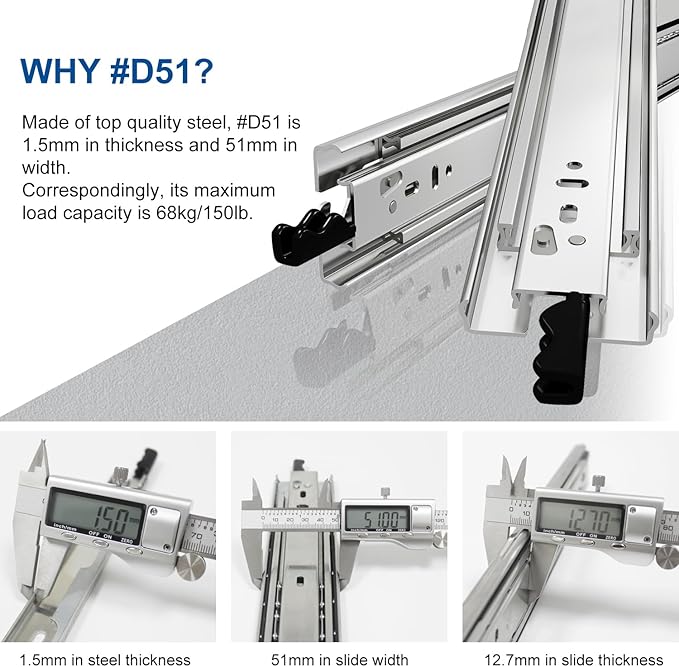 VADANIA #D51 40" Heavy Duty Locking Drawer Slide with Lock, 1-Pair | 150lb Load Capacity, 3-Fold Full Extension, Detachable, Ball Bearing Lock-in & Lock-Out, Side Mount
