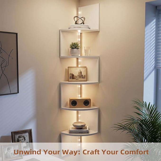 HAAYOT Corner Shelf Wall Mounted: 5-Tier Floating Shelves with Lights for Living Room, Bedroom, Home Office, Cloud White