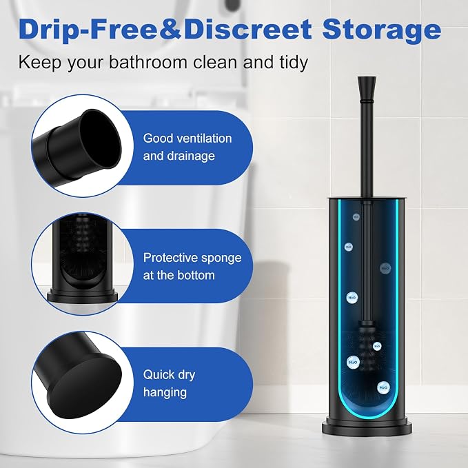 Toilet Brush and Holder Set：304 Stainless Steel Heavy Duty Toilet Bowl Brush，Removable Inner Bowl and Splash Protection，Bathroom Toilet Brush-Dense Bristles for Through Cleaning
