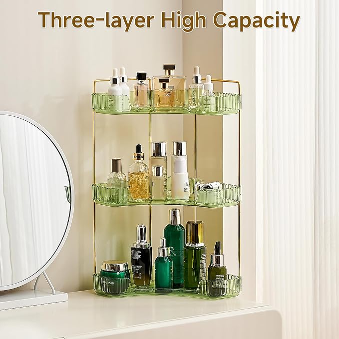 Ceruaxb 3-Tier Corner Bathroom Counter Organizer, Plastic Countertop Makeup Organizer, Large Capacity Vanity Bathroom Perfume Shelf Rack for Kitchen Office Desktop (Green)
