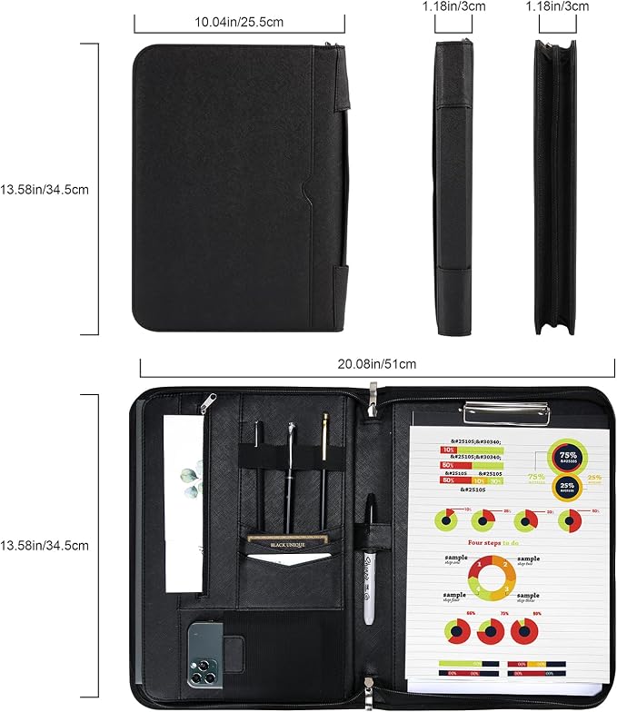 ProCase Portfolio Business Padfolio Folder with Handle and Zipper -Allblack | Conference Meeting Executive File Legal Document Organizer with Pockets Letter Size A7 Writing Pad Notepad Padfolio