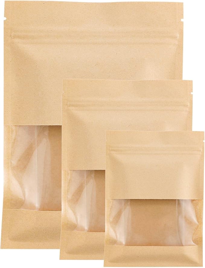 100PCS Resealable Kraft Paper Packaging Bags with Clear Window, Food Grade Heat Sealed Zipper Pouches for Coffee, Tea, Nuts, Snacks, Cookies (Kraft, 7 * 9CM/2.8"*3.5"-100PCS)