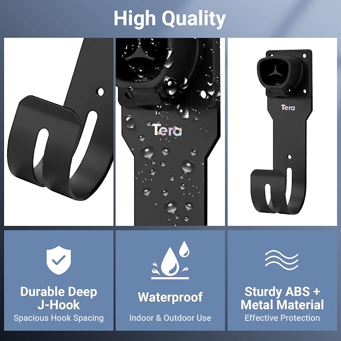 Tera EV Charger Cable Holder for Tesla: Waterproof Wall Mount Connector Organizer with J-Hook for Electric Vehicle Charging Station
