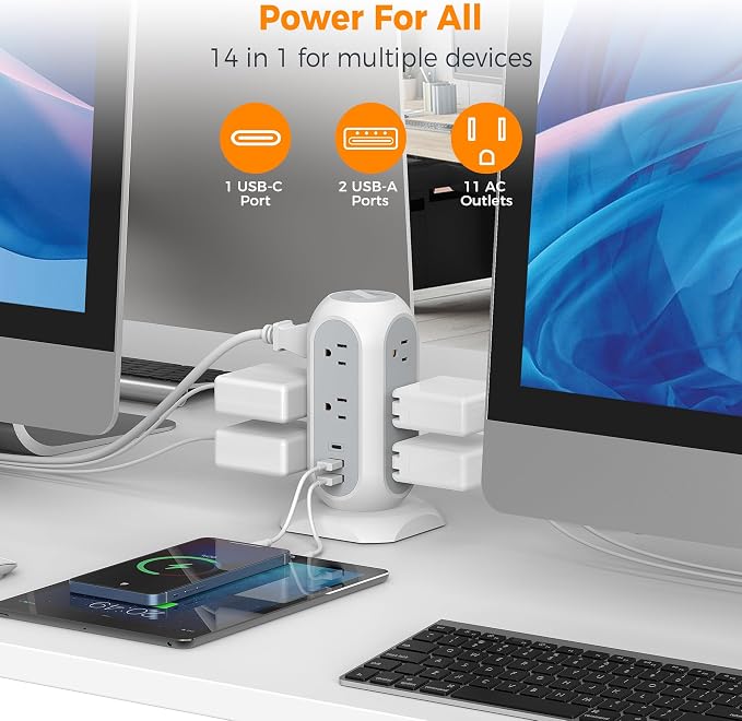 TESSAN Tower Power Strip Flat Plug with 1050J Surge Protection, 6 Ft, Grey | 11 Outlets 3 USB (1 USB C), Surge Protector Power Tower, Extension Cord with Multiple Outlets, Dorm, Office Desk Supplies