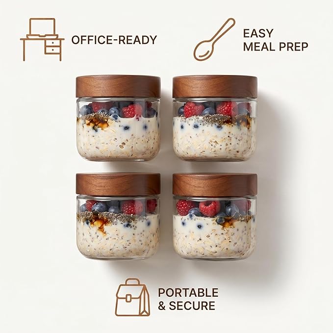 Danmu 8 oz Overnight Oats Containers with Lids,Glass Jars with Lids 6 Pack | Wooden Lid,Meal Prep,Yogurt,Leftovers,Leak-proof,Dishwasher Safe(remove lids),Fridge Safe,Portable,Stackable