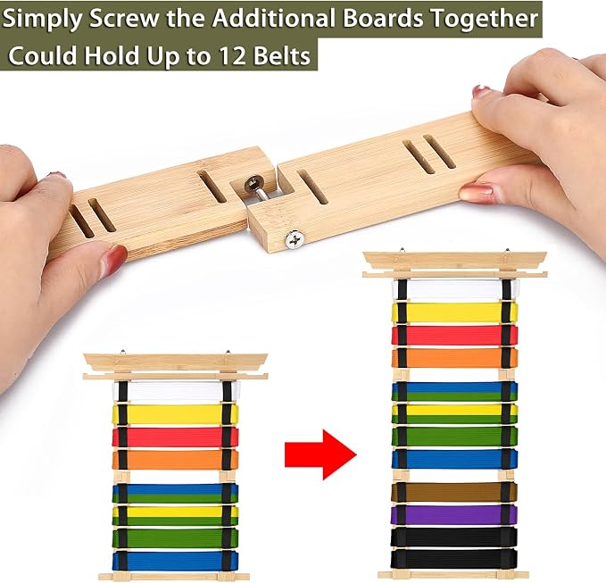 JUXYES Wall Hanging Martial Arts Belts Organizer for 8 12 Belts with Medal Hanger and Stickers, Bamboo Karate Belt Display Holder Rack, Taekwondo Belt Display Holder for Martial Arts Learners