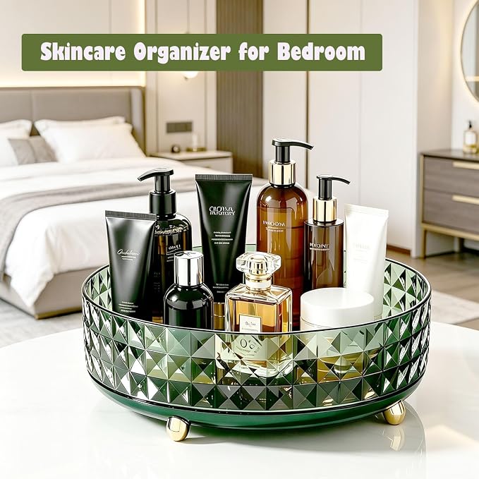 Makeup Perfume Organizer, 9 Inch /23cm 360 Degree Rotating Skincare Organizer, Cosmetics Organizer for Dresser Bathroom Bedroom Countertop Kitchen Pantry Cabinet Vanity Tray Refrigerator, Dark Green