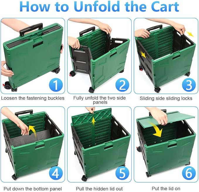 Foldable Shopping Utility Cart Portable Rolling Crate Handcart with 360°Rotate Wheel,Hidden Lid,Telescoping Handle Collapsible for Travel Shopping Moving Storage Office Use(DarkGreen)