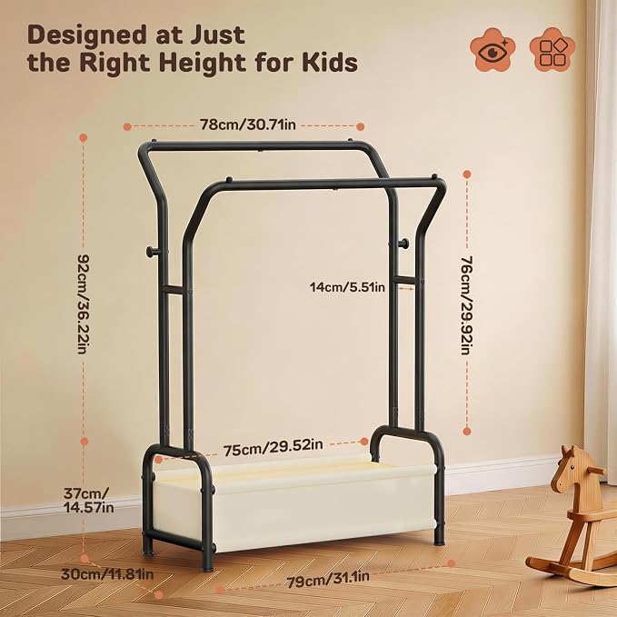 Small Kids Clothing Rack for Kids Room: Double Hanging Rods & Storage Basket - Height Adjustable Dress Up Storage - Anti-Tip Boys Baby Clothing Rack Open Nursery Baby Closet for Costumes, Shoes, Toys