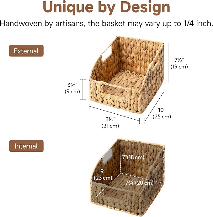 StorageWorks Pantry Baskets for Organizing, Wicker Basket with Built-in Handles, Handwoven Wicker Storage Baskets, Water Hyacinth for Shelves, 4 Pack