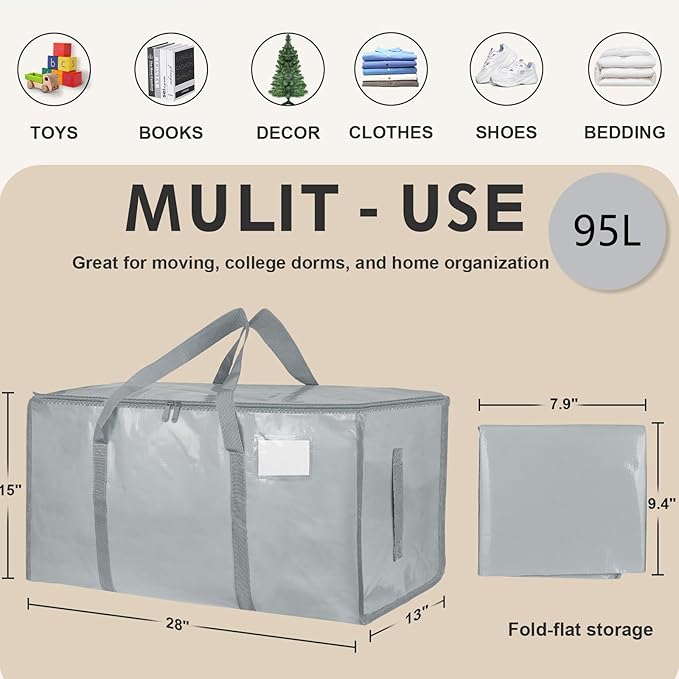 16 Pack-Extra Large Heavy Duty Moving Bags - Waterproof Storage Totes with Handles & Zippers, Foldable for College Dorm, Storage (Light Gray)