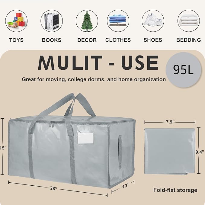 4 Pack-Extra Large Heavy Duty Moving Bags - Waterproof Storage Totes with Handles & Zippers, Foldable for College Dorm, Storage (light gray)