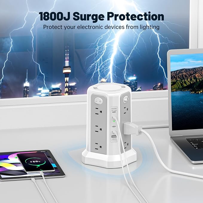 PASSUS PD 65W USB C Fast Desktop Charging Station Tower Power Strip | Surge Protector, 12 Widely Spaced AC Outlets, 4 USB C, 1 USB A, 10FT Extension Cord Overload Protection