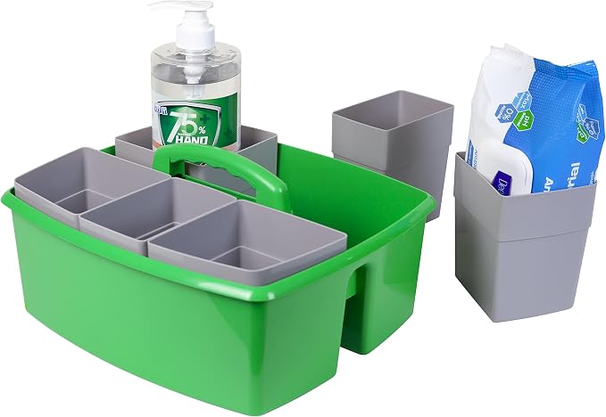 Storex Large Classroom Craft Caddy with Cups, 13 x 11 x 6.575 Inches, Green, Case of 2 (00983A02C)