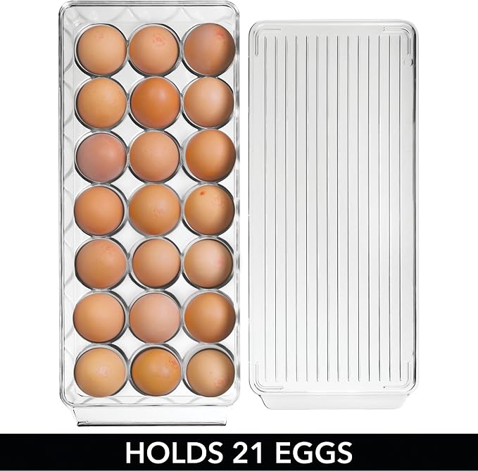 iDesign Clear Plastic Egg Holder for Fridge with Lid, 2-Pack | 21 Egg Storage Capacity, Container Organizer Bin