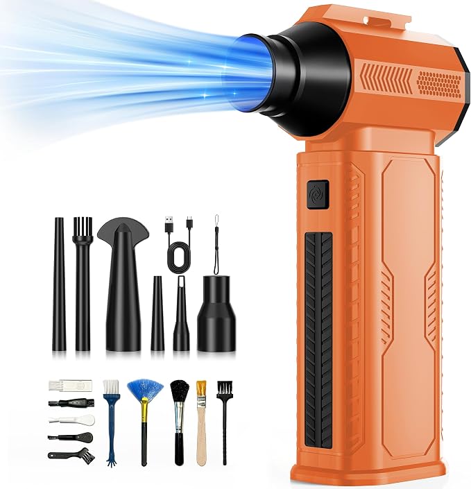 Compressed Air Duster, 130,000RPM Ultra-Powerful Electric Air Duster | 8000mAh Rechargeable Battery Cordless Blower, 4-Gear Adjustable Air Blower for Keyboard, Computer, Car - Orange