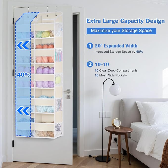 KEEGH 5 Tiers Over the Door Organizer, Large Hanging Door Organizer, Beige | Easy Installation, 10 Mesh Side Pockets, 10 Compartments, Door Organizer Hanging for Bedroom, Nursery, Bathroom and Pantry