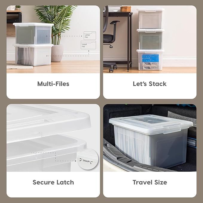 IRIS USA 4-Pack 35 Qt. Letter File Box with Lid, Pearl | Protect important documents, letter and legal files with secure storage for home offices, moving, and long-term organization