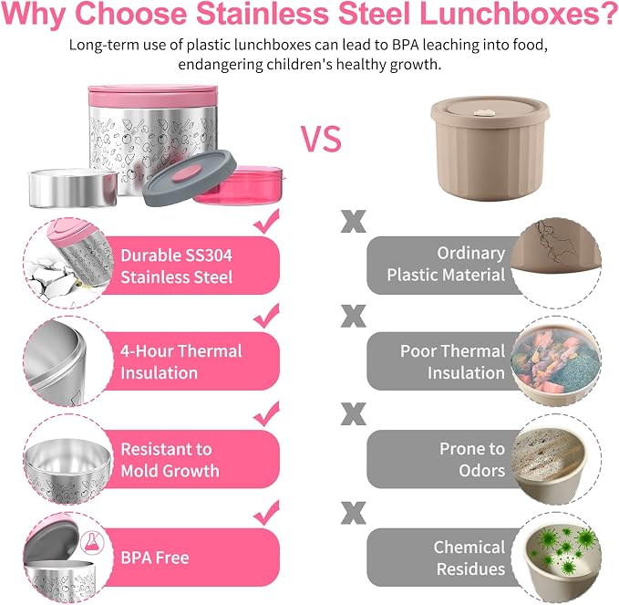Lille Home Stainless Steel Thermal Lunch Box Set with Lunch Bag and Cultery | 22 Oz Vacuum Insulated Lunch Bento Box, to Keep Food Warm/Cool, 2 Small Food Container for Snack, Fruits and Sauces (Pink)