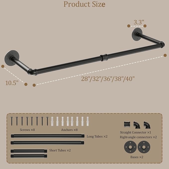 Wall Mounted Clothes Rack, Industrial Pipe Clothing Rack 38 Inch Black, Wall Clothes Hanger for Bedroom, Cloakroom, Closet, Hallway, Boutique Display, Drying Racks Wall-Mount for Laundry