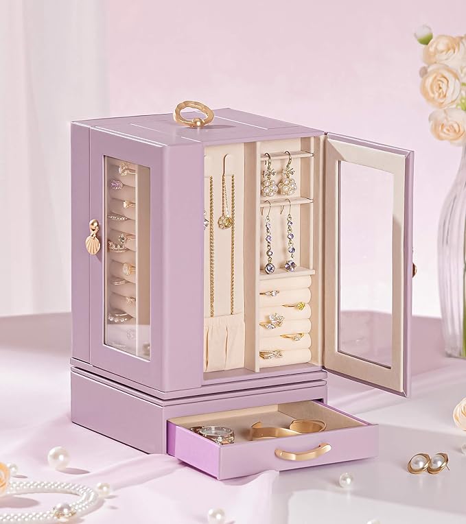 Enthralite Luxury Jewelry Box for Women: 360° Rotating with Clear Window | Compact Jewelry Storage with Drawer - Necklace Ring Organizer with Compartments - Elegant Earring Holder Display Great Gift