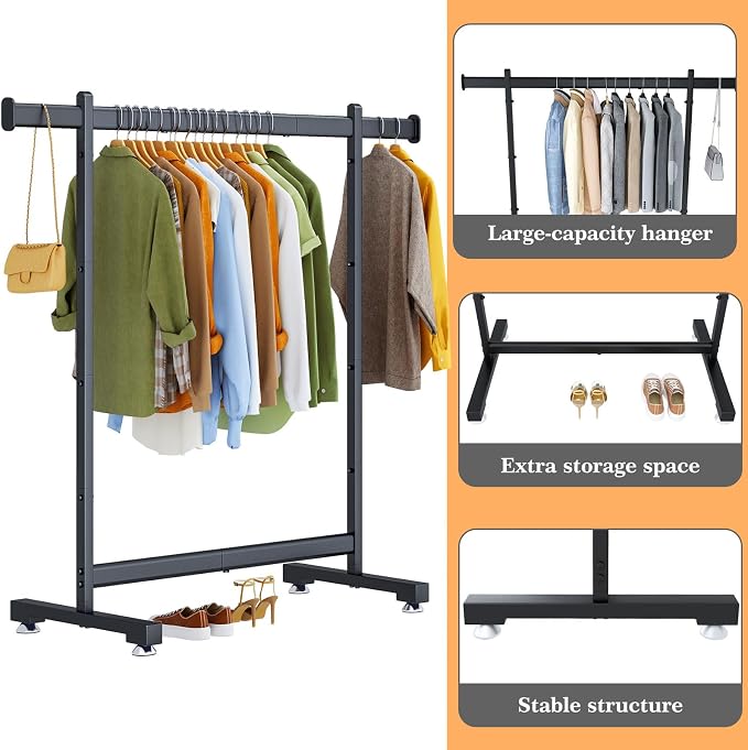 Wiracks Heavy Duty Clothes Rack for Hanging Clothes Clothing Rack 300LBS Portable Clothes Rack 45" L*15" W*66" H Thickened and Widened elliptical Tubes (Black)