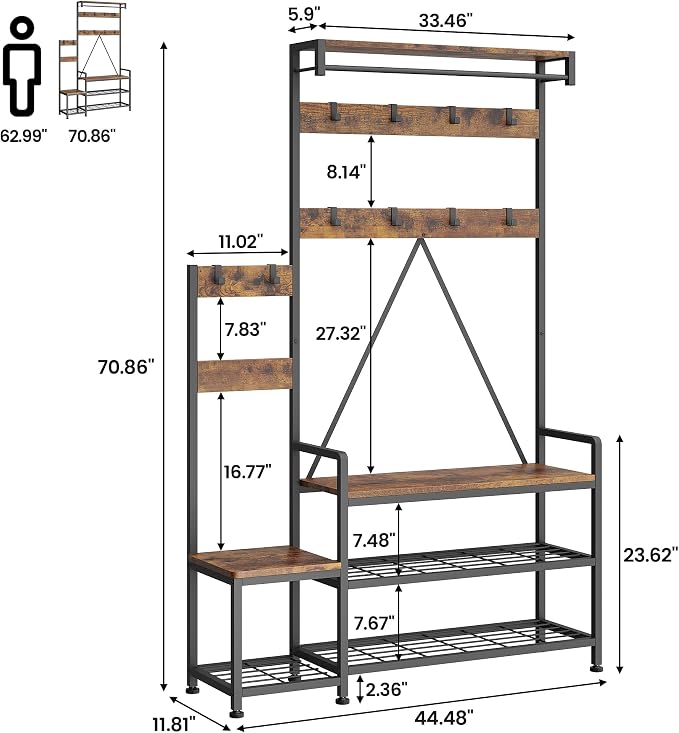 Coat Rack Hall Tree with Shoe Bench and Storage, Large Entryway Organizer with Hooks, Hanging Bar, Shoe Rack, Storage Cubbies, Shelf, Mudroom Bench, Rustic Hallway Furniture for Living Room Bedroom