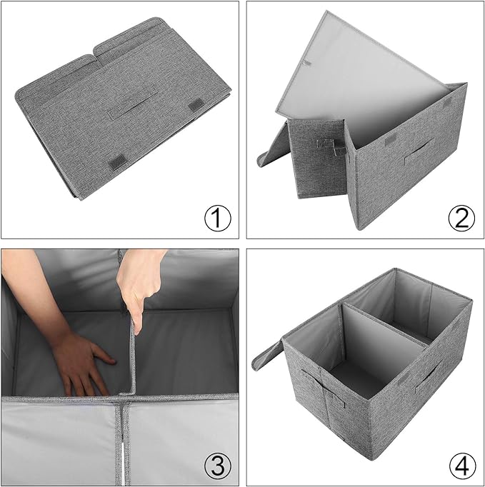 2 Pack Storage Boxes with Lids and Handles, Collapsible Linen Storage Bins Organizer Containers Baskets Cube with Removable Divider for Home Bedroom Closet Office (Pink, Large)