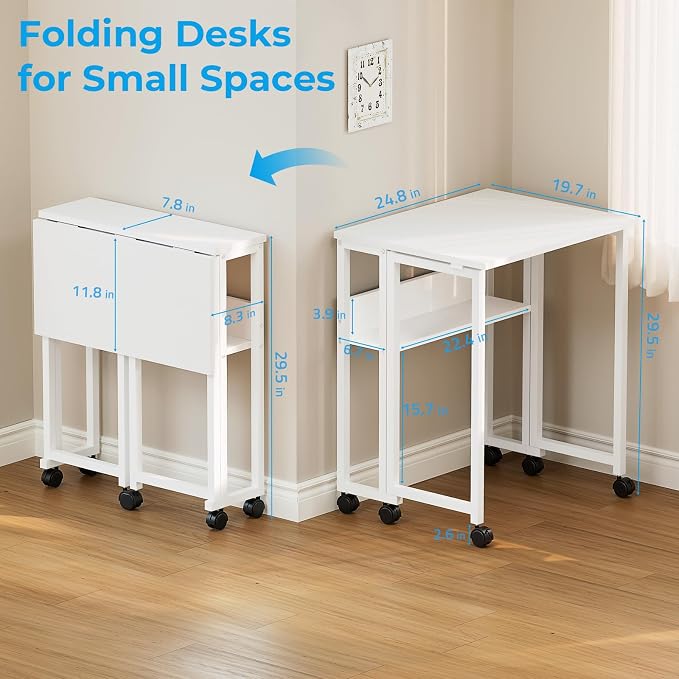 GreenForest Folding Desk with Wheels, 24.8" Rolling Table for Small Spaces | Storage Shelf, Lockable Casters, Compact Portable Workstation, Space-Saving Foldable Sofa Table, Home Office, Mobile, White