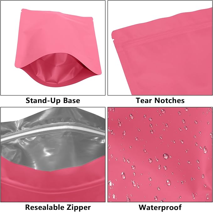 100PCS Smell Proof Resealable Pouch Bags,ULIFESTAR Aluminum Foil Flat Food Storage Bag,Sealable Pcsaging Zipper Pouches with Tear Notches for Pcsaging Lipgloss,Jewelry,etc(14*20cm/5.51*7.87",Pink)