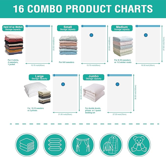 Cozy Essential Vacuum Storage Bags, 80% Compression Vacuum Seal Space Saver Plastic Packaging Bags for Clothes, Blankets, Pillow, Bedding, Comforters, Sealer Clothing Storage,16 Combo